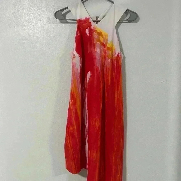 86. Rachel Rachel Roy Asymmetrical Sleeves Coral Pink Abstract Ombré Dress Sz S - Picture 4 of 6